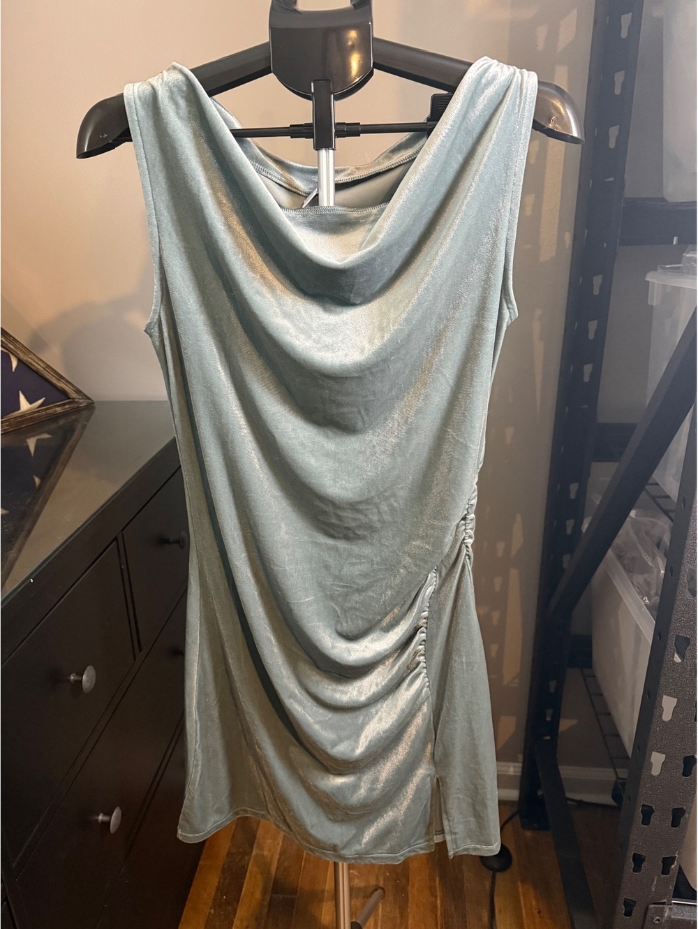 Old Navy NWT Medium Sage Green Velvet Cowl Neck Ruched Mini Dress